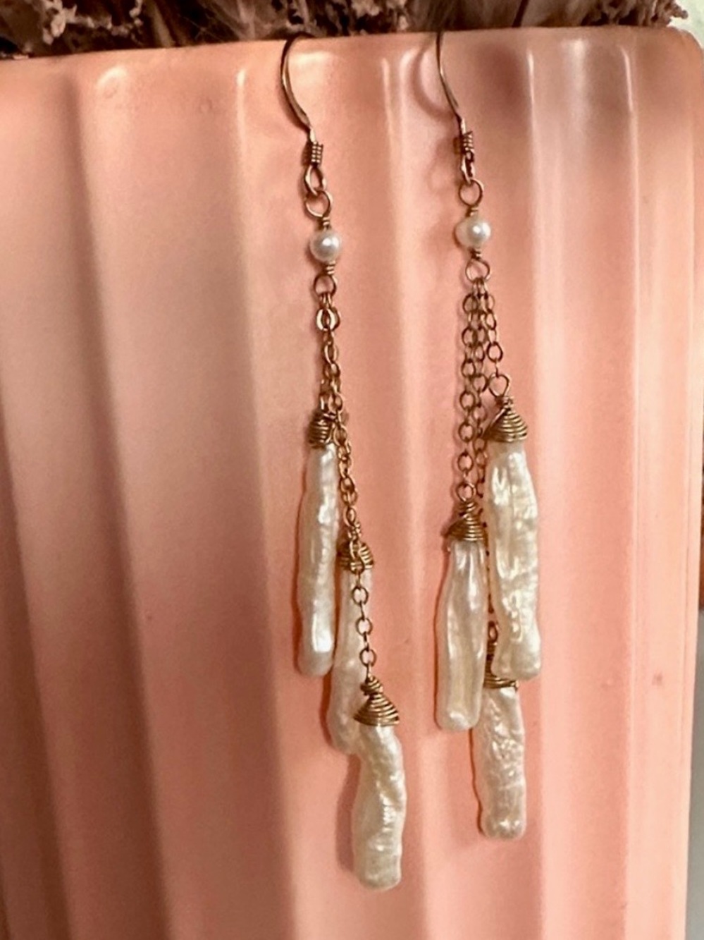 Baroque Freshwater Pearl Cascade Drop Earrings | Gold Tone | Boho Bridal - Picture 8 of 14